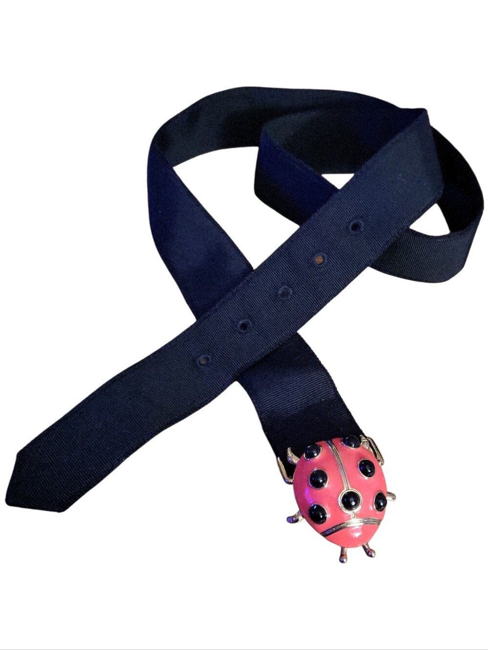 Vintage Enamel Ladybug Black Grosgrain Adjustable Belt M/L